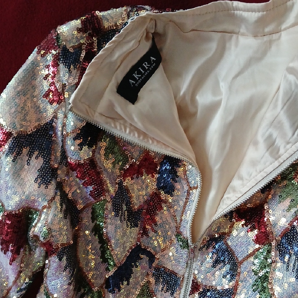 AKIRA Sequin Bomber Jacket in Red, Blue, and Gold